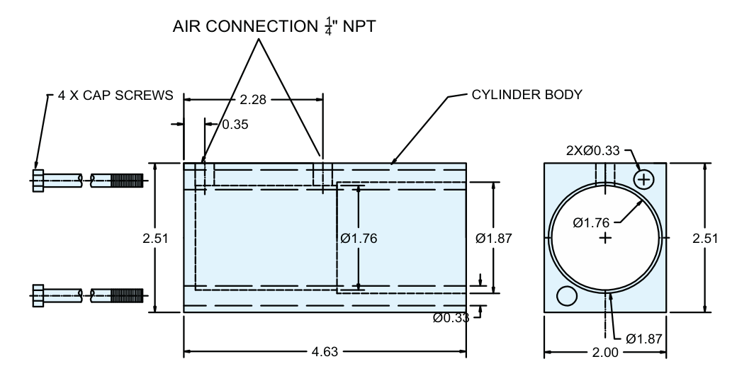 Air shift cylinder body: 1/4 inch NPT air connection, 4 cap screws, dimensions 2.28, 0.35, 2.51, 4.63, 2.00, diameters 1.76, 1.87 and 0.33 inches