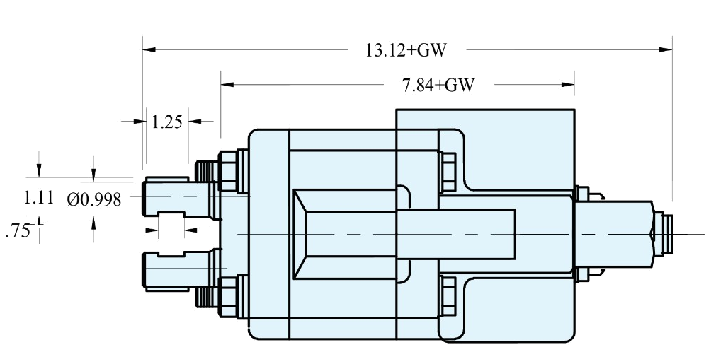 C101 pump dimension drawing: overall length 13.12 plus gear width, 7.84 plus gear width, 1.25, diameter 0.998, 1.11 and 0.75 inches