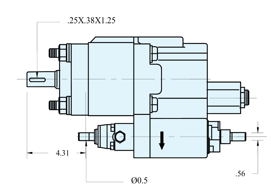 C101 pump side view with the shift valve: keyway .25 x .38 x 1.25, dimensions 4.31, .56 and diameter 0.5 inches