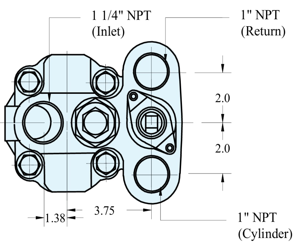 C101 pump port view: 1 1/4 NPT inlet, 1 NPT return and 1 NPT cylinder; dimensions 1.38, 3.75 and 2.0 inches