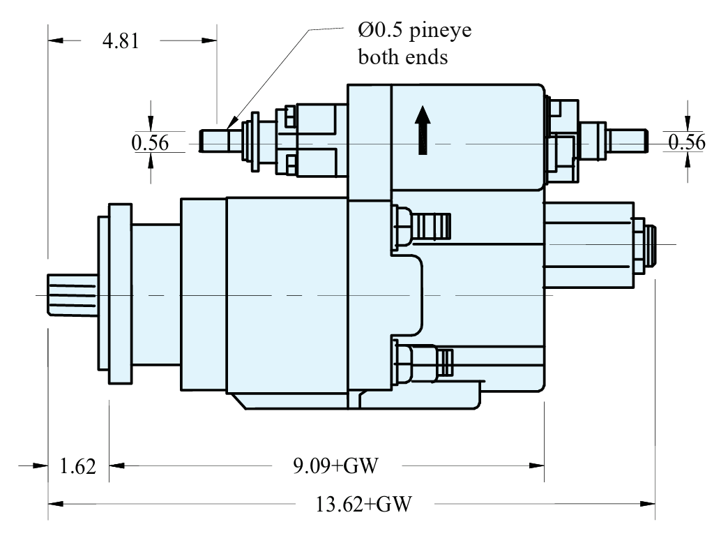 C102 pump dimension drawing: 0.5 inch pineye at both ends, dimensions 4.81, 0.56, 1.62, 9.09 plus gear width and 13.62 plus gear width