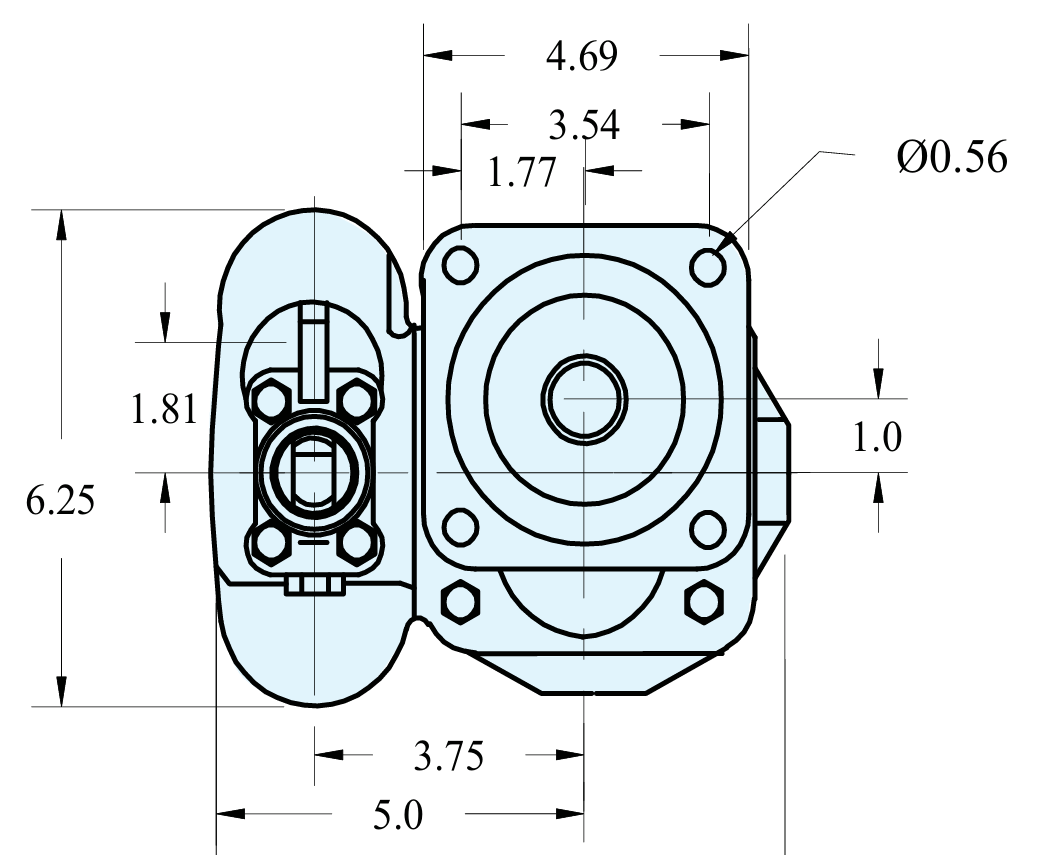 C102 pump end view: dimensions 4.69, 3.54, 1.77, 1.81, 6.25, 3.75, 5.0, 1.0 and diameter 0.56 inches