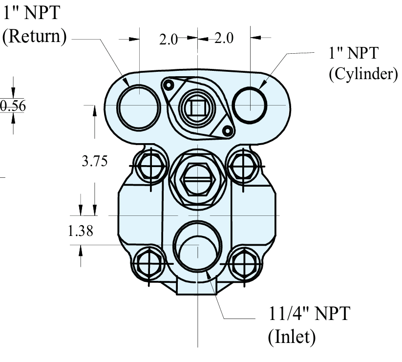 C102 pump port view: 1 NPT return, 1 NPT cylinder and 1 1/4 NPT inlet; dimensions 0.56, 2.0, 3.75 and 1.38 inches
