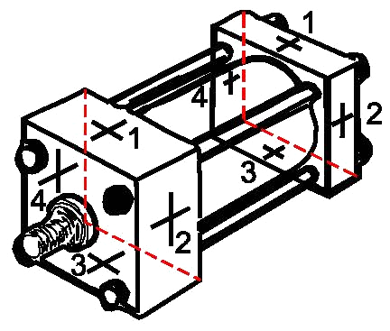 Port location reference, positions 1 to 4 at the head end and the cap end