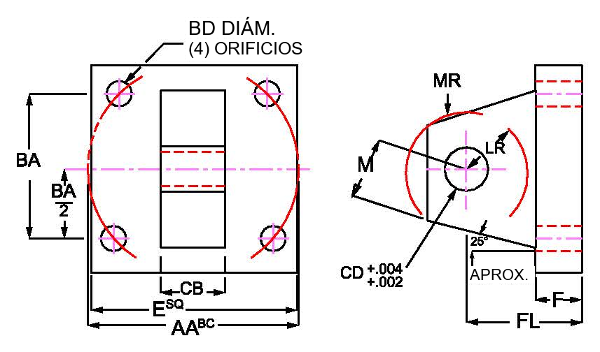 Eye bracket (EB): dimensions AA, BA, BD, CB, CD, E, F, FL, LR, M, and MR