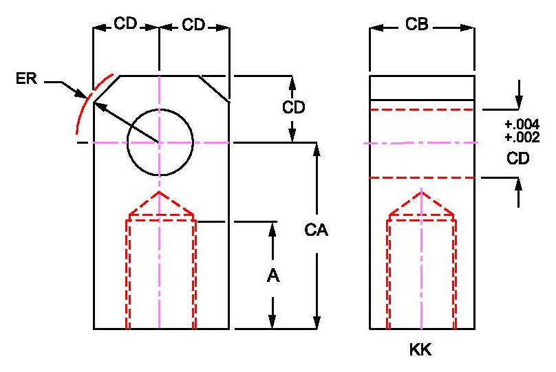 Female eye (FE): dimensions A, CA, CB, CD, ER, and KK