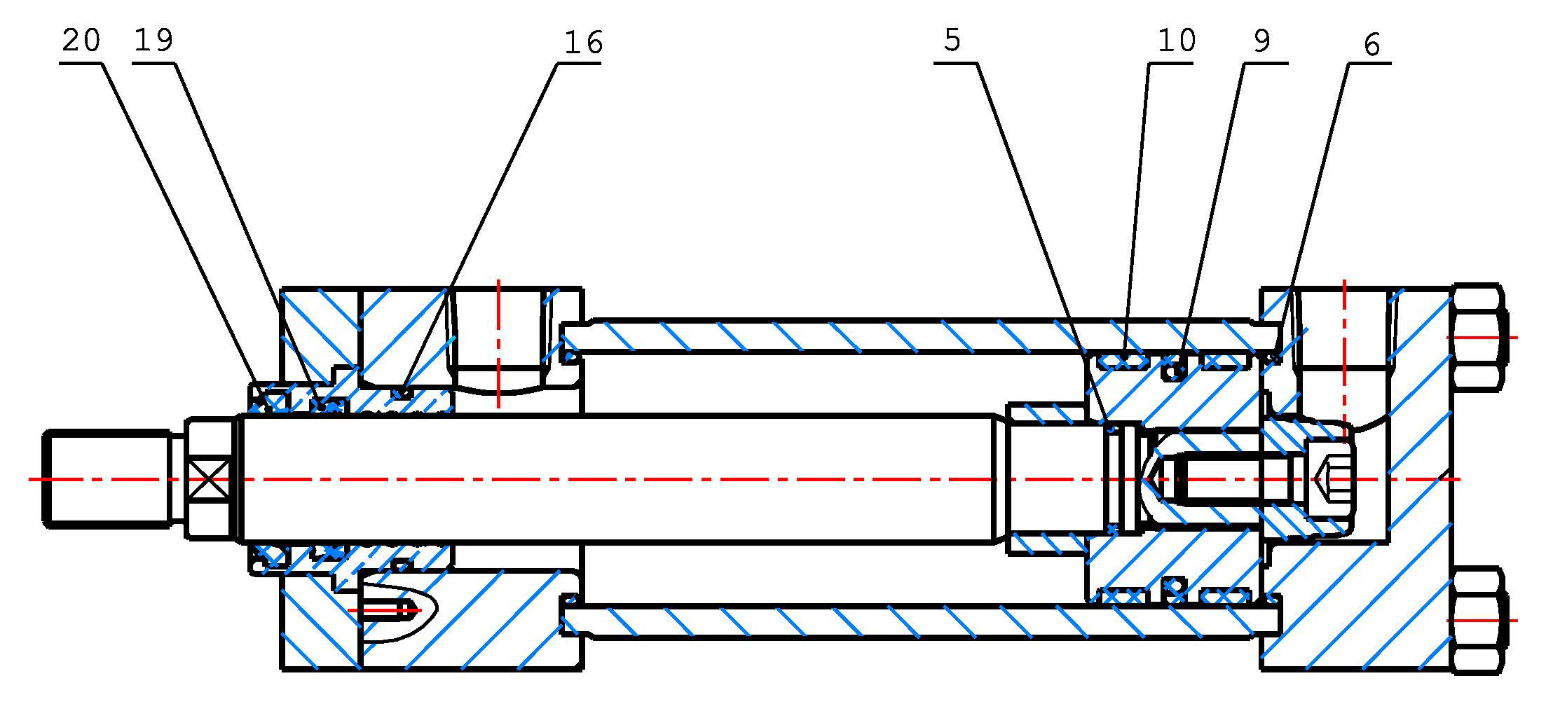 Cylinder section with numbered seal parts: 20, 19, 16, 5, 10, 9, and 6