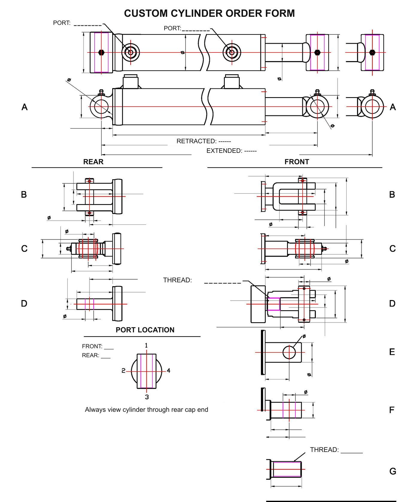 Custom cylinder order form: drawing with ports, retracted and extended length, rear and front mount types A through G, and port locations 1 through 4